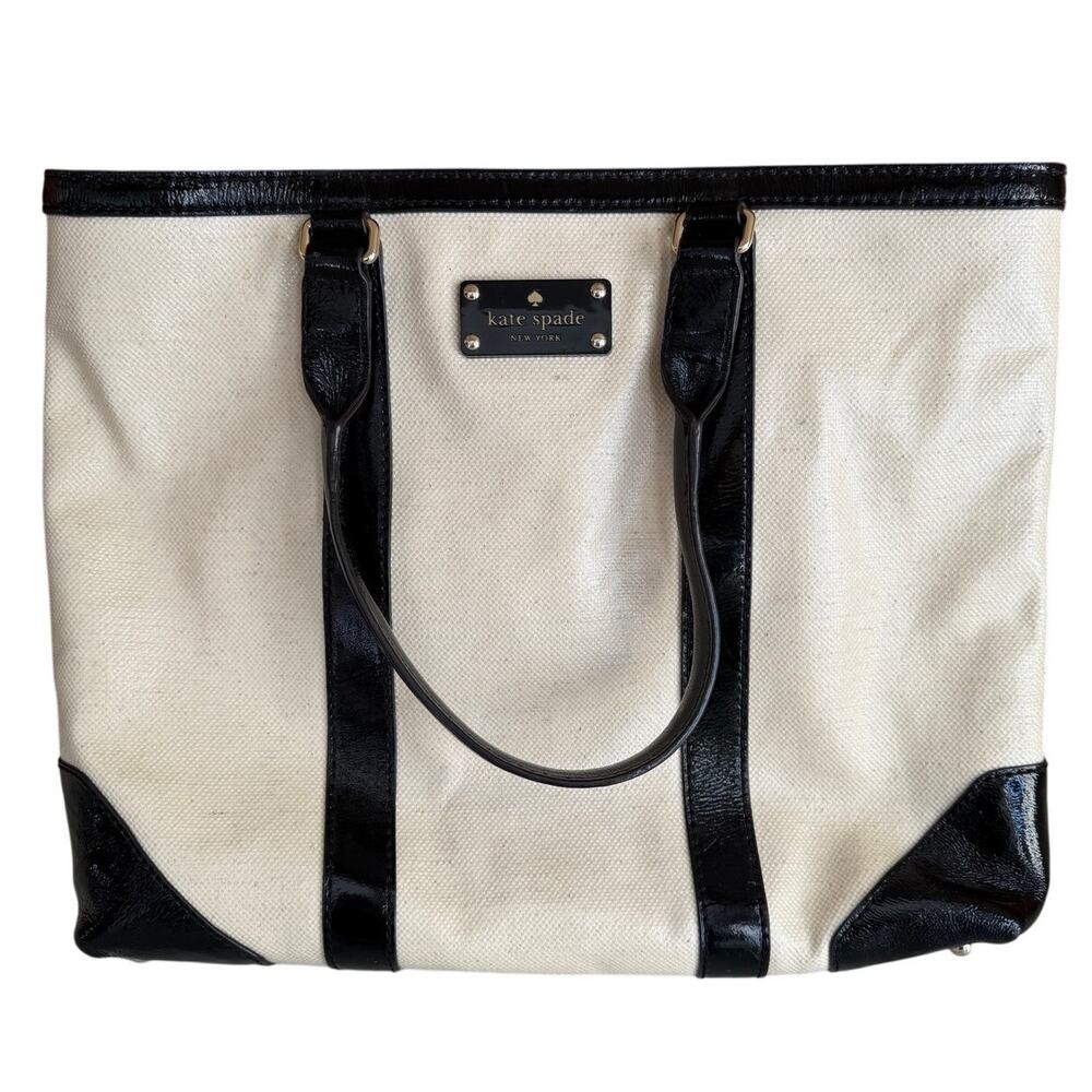 Kate Spade Clinton Hill Dama Tote Bag Cream Tweed Black Patent Leather